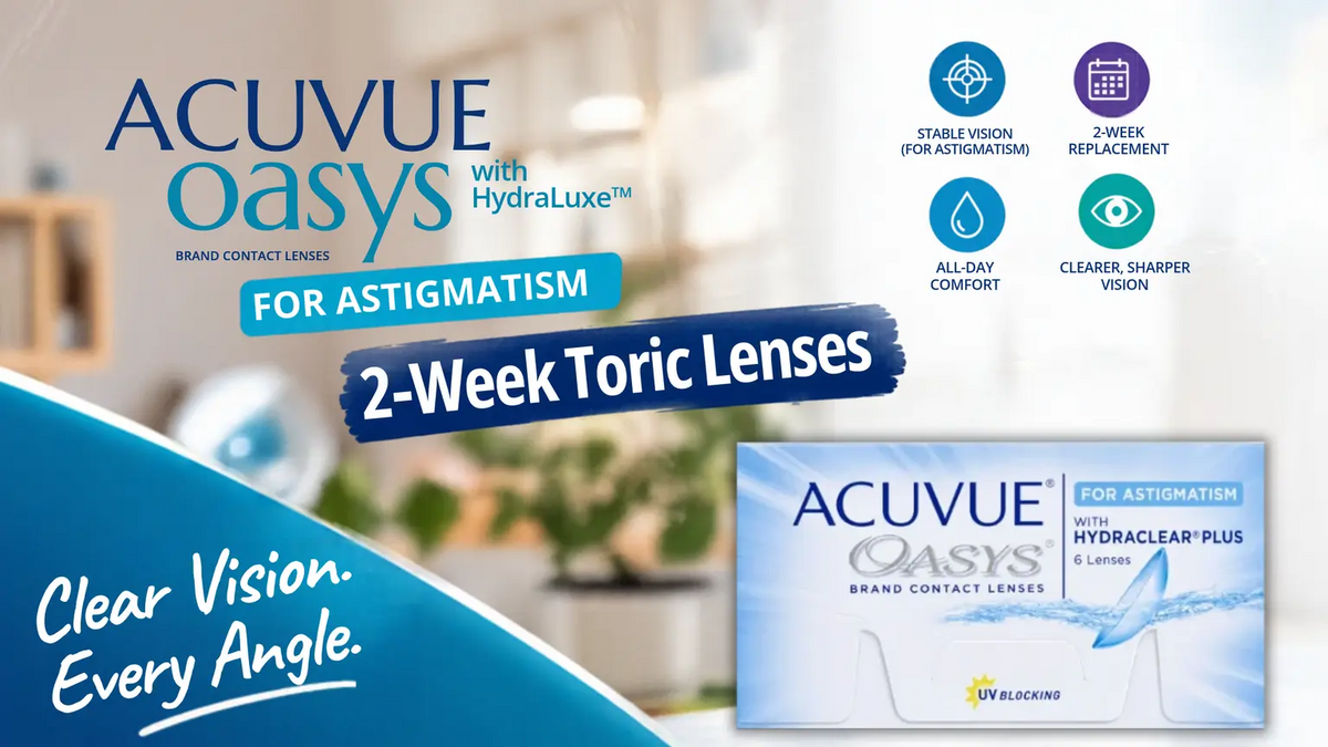 Acuvue Oasys for Astigmatism 2-week toric lens boxes with a diagram showing how the lens stays aligned on the eye