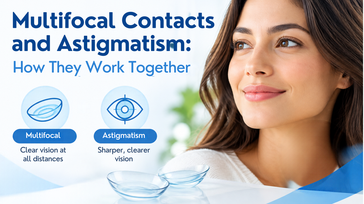 Multifocal contact lenses and astigmatism explained, showing a woman, contact lenses, and eye diagrams illustrating clear vision at all distances.
