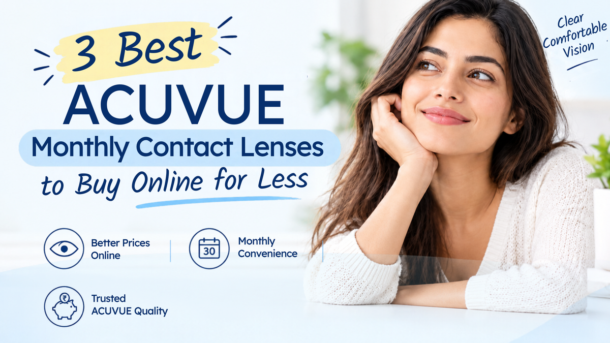 3 Best ACUVUE Monthly Contact Lenses to Buy Online for Less,” plus benefits highlighting clear comfortable vision, trusted quality, monthly convenience, and better online prices.