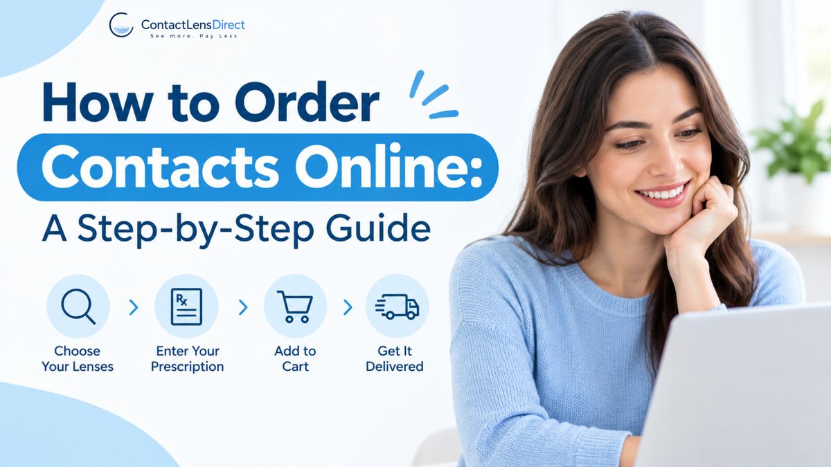 “How to Order Contacts Online: A Step-by-Step Guide,” featuring a smiling woman using a laptop and four illustrated steps: choose your lenses, enter your prescription, add to cart, and get it delivered.