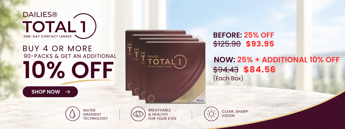 ContactLensDirect Dailies Total1 contact lenses offer – buy 4 or more 90-packs and get an additional 10% off, bringing the price to $84.56 per box. Features water gradient technology, breathability, and clear, sharp vision.